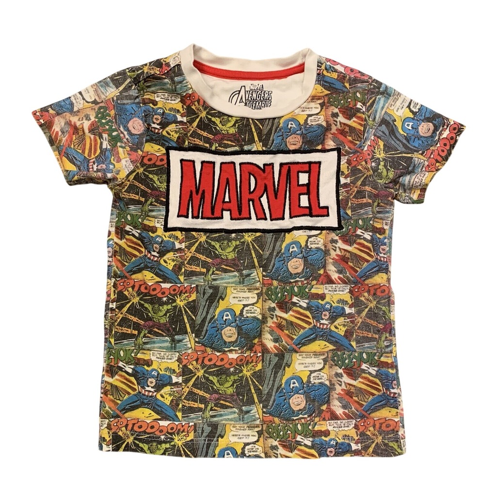 Marvel Avengers Assemble Comic Book Print T-Shirt Captain America Hulk Boys 3-4Y